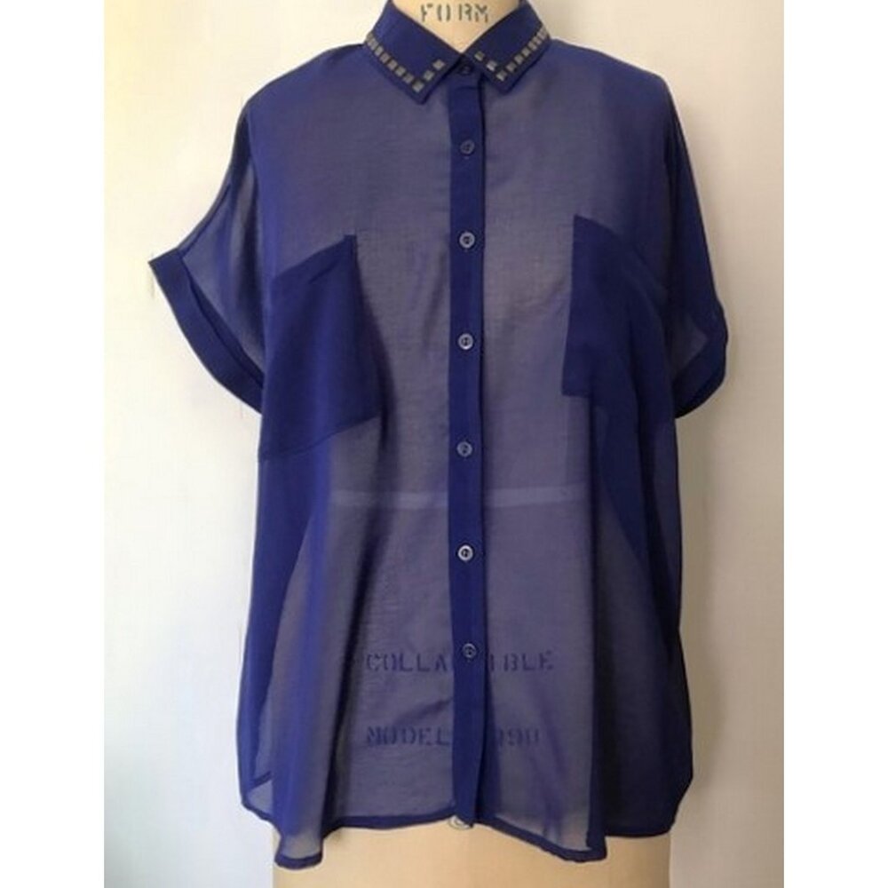 FOREVER 21 ROYAL BLUE GUNMETAL STUDDED COLLAR SHORT SLEEVE BLOUSE L NWT